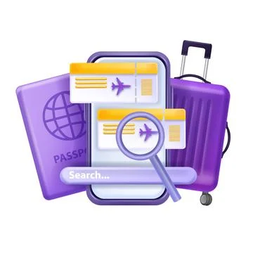 3D book flight, ticket search vector travel concept, airline promotion voucher Stock Illustration