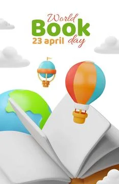 3D book poster with open blank pages, hot air balloons, planet earth and clouds. Illustrazione stock