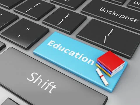 3d books and diploma on computer keyboard. 스톡 일러스트