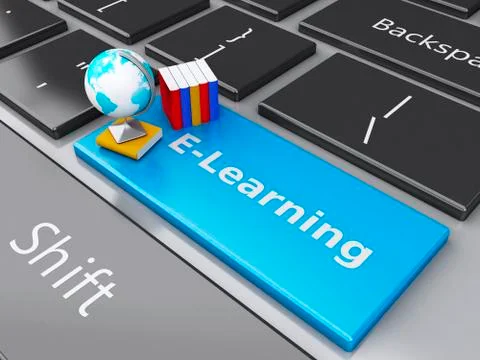 3d books on the computer keyboard. online education concept. 스톡 일러스트
