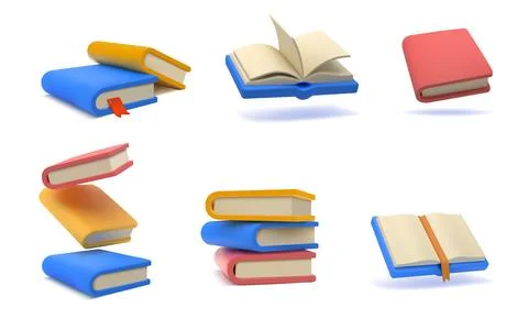 3d books. Open, closed notebook and magazine, encyclopedia or dictionary study Stock Illustration