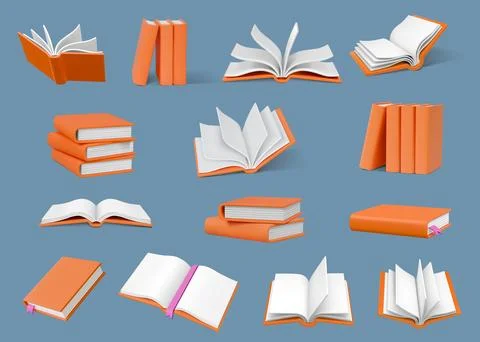 3d books. Open school library, education read render elements. Realistic Stock Illustration
