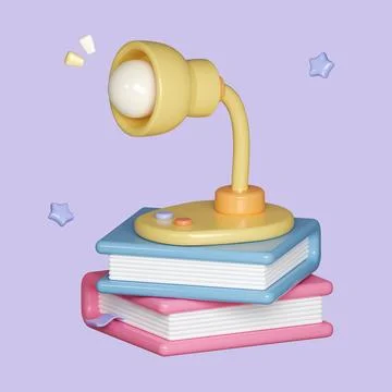3D books stack with table lamp isolated on pastel background. icon symbol Stock Illustration