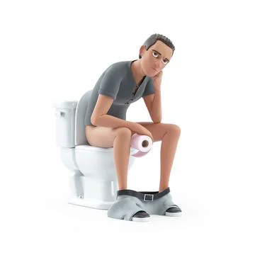 3d bored character man sitting on toilet Stock Illustration