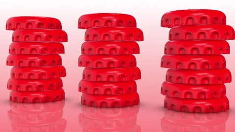 3D Bottle Caps Stack on a Reflective Floor. 3D Bottle Cap. Red Cap Icon. 4K Stock Footage 282712017