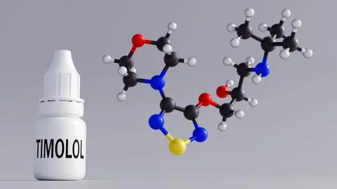 A 3d bottle labeled "TIMOLOL" with molecular structure of the compound Stock Illustration