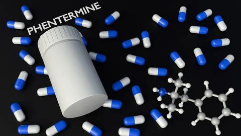 A 3d bottle next to a capsules with "PHENTERMINE" word and molecular structure Stock Illustration