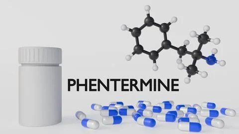 A 3d bottle next to a capsules with "PHENTERMINE" word and molecular structure Stock Illustration