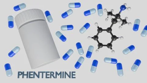 A 3d bottle next to a capsules with "PHENTERMINE" word and molecular structure Stock Illustration