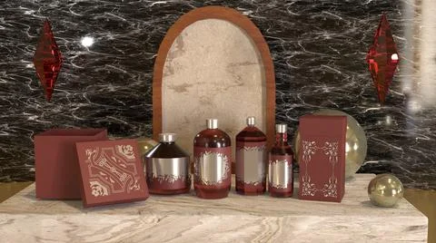 3d bottles mock up, with abstract accessories,  and marble background Illustrazione stock