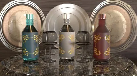 3d bottles mock up, marble accessories and wooden background Stock Illustration
