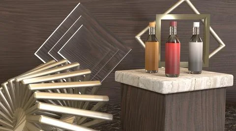 3d bottles mock up, with metallic square abstract, wooden background Stock Illustration