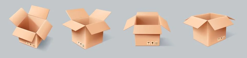 3d box set. Open delivery package, empty cardboard parcel or gift different Stock Illustration