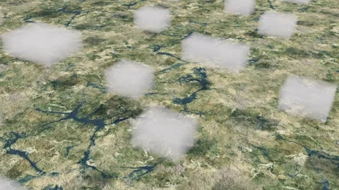3d boxes clouds above green landscape able to loop endless Video stock 312799117