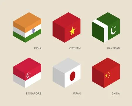 3d boxes with flags: India, Vietnam, China, Singapore, Pakistan, Japan 스톡 일러스트