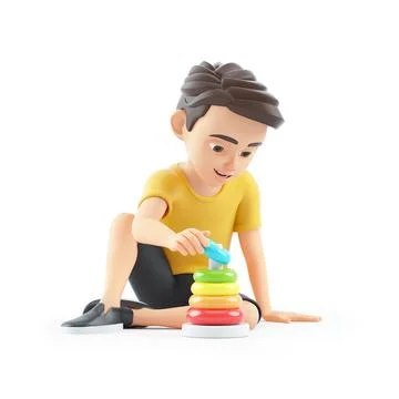 3d boy playing with ring stacker toy Stock Illustration