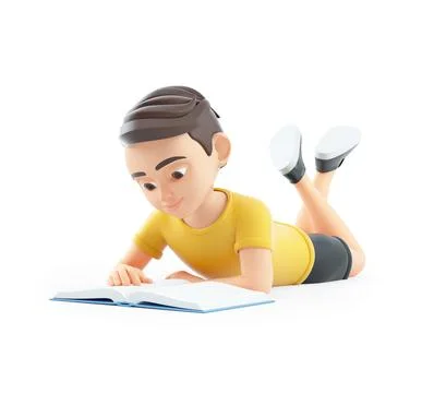 3d boy reading book lying down on floor Stock Illustration