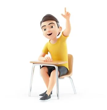 3d boy sitting at school desk and lifting up his hand Stock Illustration