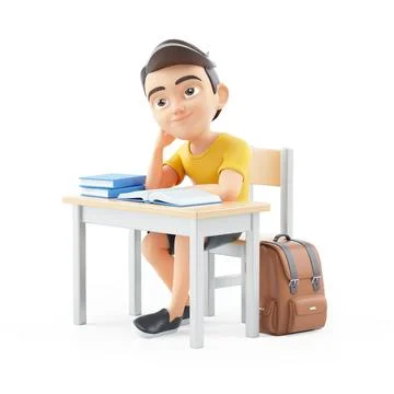 3d boy thinking at school desk Stock Illustration
