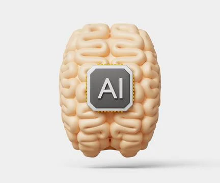 3D brain with AI processing chip icon. Human and AI Artificial Intelligence Stock Illustration