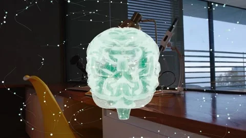 3D brain emerging near cam, rotating, showing letter A, pulsing network showing Stock Footage 337579274