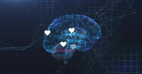 3D brain floating in interface space with glowing neural paths, white heart Illustrazione stock