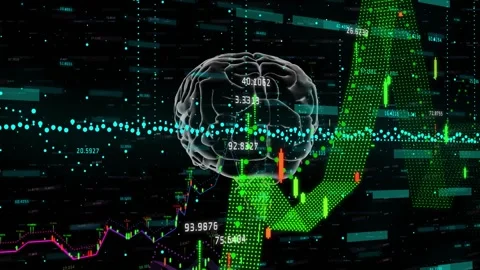 3D brain hologram floating in dark digital interface, showing teal data points Stock Footage 327642085