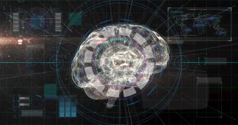 3D brain hologram initiating scan on data ring, animating UI panels, rotating Stock Footage 313617671