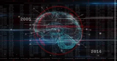 3D brain hologram rotating on console with red grid white pointers data-grid  Stock Illustration