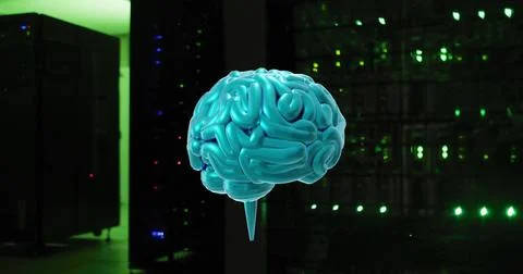 3D brain image over server room with green lights Foto stock