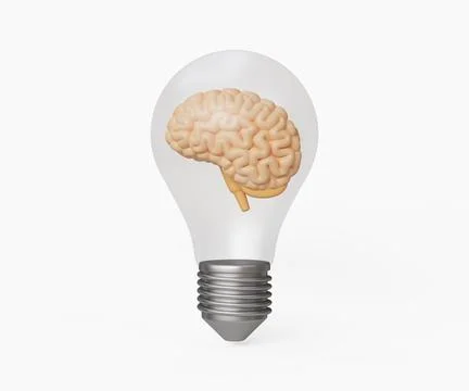3D brain inside of lightbulb. Brainstorming, problem solving, creative idea Stock Illustration