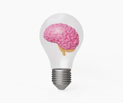 3D brain inside of lightbulb. Brainstorming, problem solving, creative idea Stock Illustration