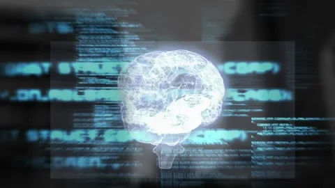 3D brain materializing in UI panel while rotating and code streams pulsing and Stock Footage 317275373