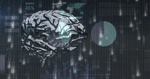 On 3D brain model appearing over binary grid, data overlays animating to show Stock Footage 310330593