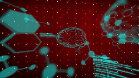 3D brain model floating over red grid in technology interface, streaming code Stock Footage 309109176