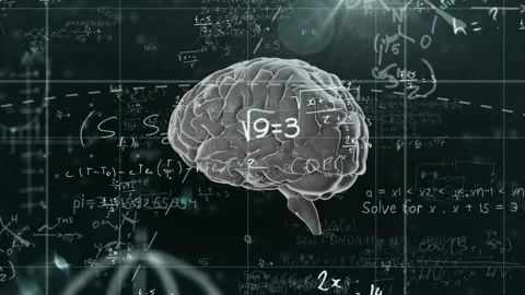 3D brain model floating over chalkboard backdrop showing math chemistry grid and Stock Footage 309342705