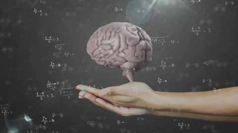 3D brain model floating over chalkboard, cupping hands highlighting math Stock Footage 309342723