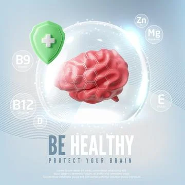 3D brain with protective, shining dome, with hexagonal pattern, vitamin icons Stockillustratie
