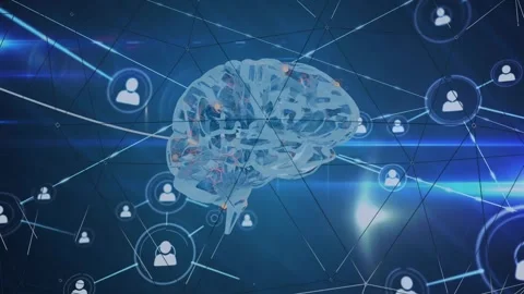 3D brain pulsing, sending lines and forming growing network of profile icons to Stock Footage 340654510