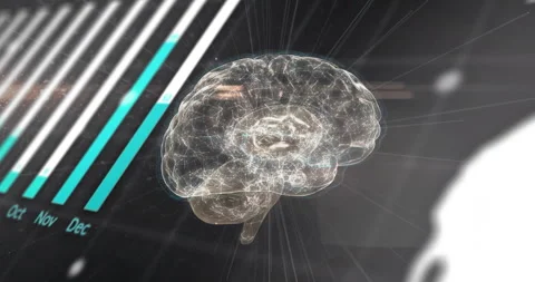 3D brain rotating shifting bars scrolling code spinning pie and emerging globe Stock Footage 311508562