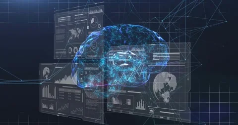3D brain rotating on start, pulsing filaments and updating HUD charts showing Stock Footage 334115468