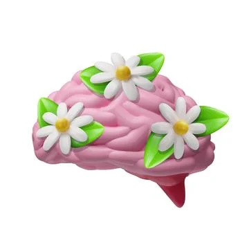 A 3D brain with white daisies Stock Illustration