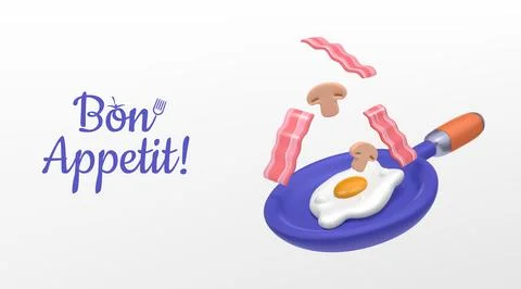 3D breakfast. Bon Appetit. Fried egg with bacon and mushroom pieces. Omelet.. Stock Illustration