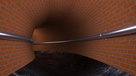 3D Brick Tunnel Exploration with Stainless Steel Pipes and Dead End Video stock 303857376