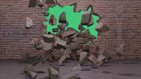 3D Brick Wall Destroyed with Holes on Green Background Stock Footage 287358140