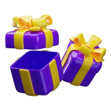 3D bright purple gift boxes with yellow ribbons and bows, open and closed. Stock Illustration