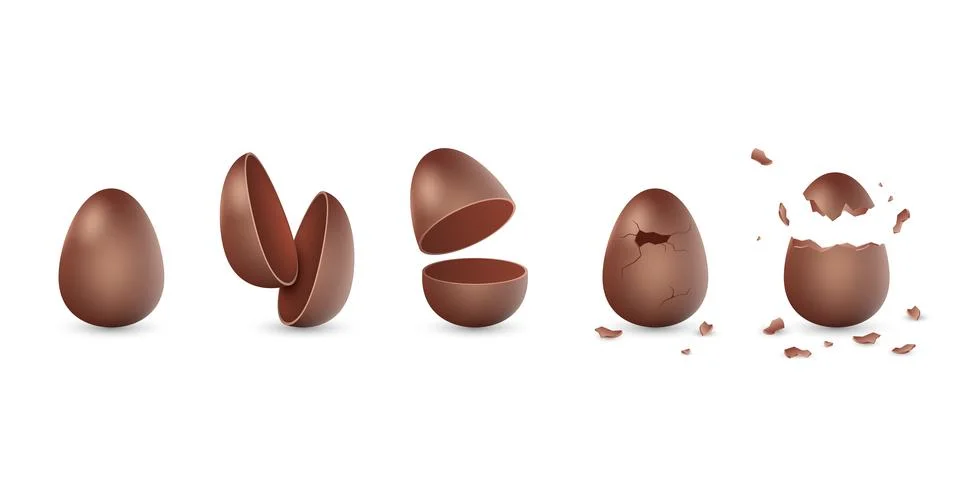 3D broken chocolate egg. Easter traditional food. Realistic holiday gift. Candy Stock Illustration