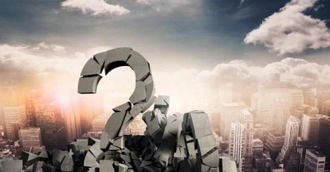 3D Broken concrete stone with Question symbol in cityscape Stock Photos