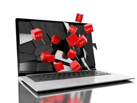 3d Broken laptop screen with discount icons Stock Illustration