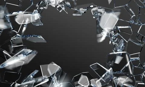 3d broken or explosion glass, flying sharp pieces of blue crystal, mirror or Stock Illustration